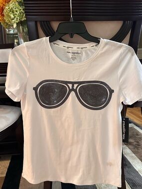 Karl Lagerfeld White Tee with Black Sunglasses Rhinestone Motif